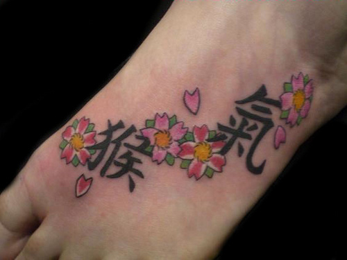 Foot Flower Tattoo with Kanji Design