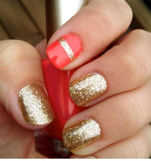 Red and Golden Glitter Nail Art: