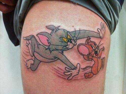 Tom And Jerry Cartoon Tattoos on Thigh