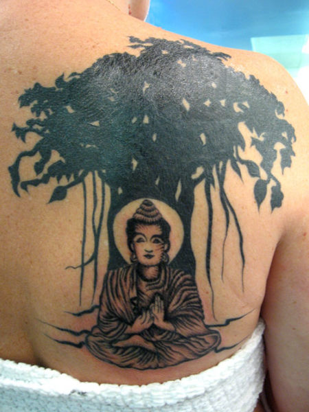 Grey Ink Buddha Back Tattoo For Men