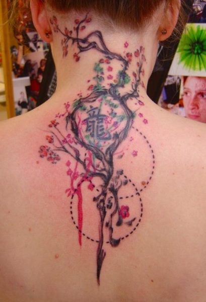 Chinese Cherry Blossom Tree Tattoo on Neck