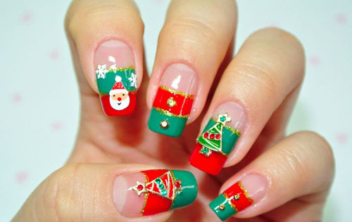 Christmas French Tips using Stickers and Glitter Stripper