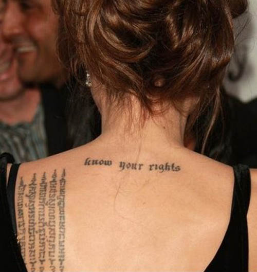 Angelina Jolie Lettering Tattoo on Back Neck