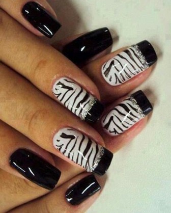 Stamped Zebra Nails with Glitters