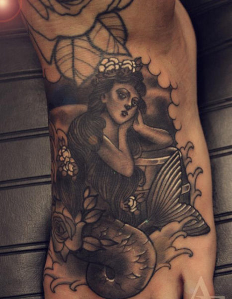 Black Mermaid Tattoo on Foot