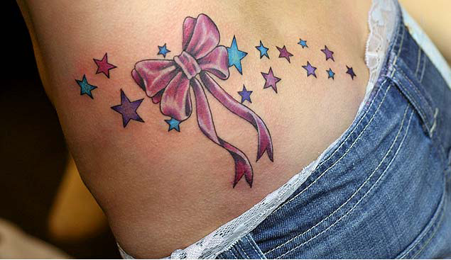 Lower Back Ribbon Bow Tattoo with Stars