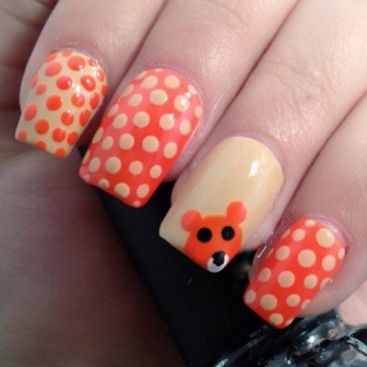 Cute Dotted Nail Designs with Teddy Bear