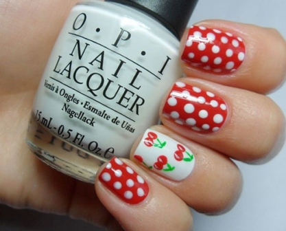 Cherry Fruit Nail Paint Design with Polka Dots