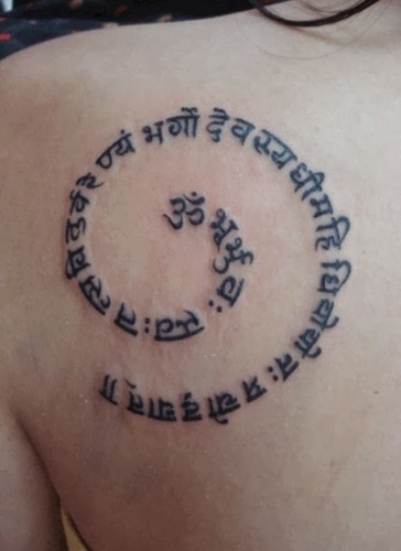 Gayatri Mantra Sanskrit Words Tattoo On Shoulder
