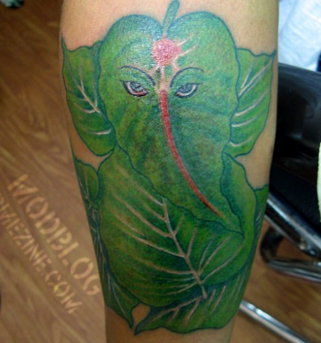 Leaf Ganesha Tattoo On Leg