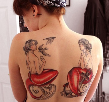 Monochromatic Dual Mermaids Tattoos for Back