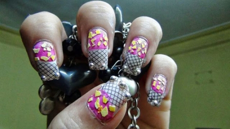 Pink Abstract Net Nail Art With Egg Shells