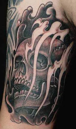 Black And Grey Skulls In Fire And Flame Tattoo On Right Sleeve