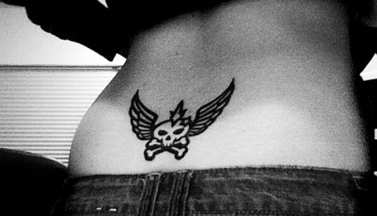 Lower Back Skull Small Tattoo with Wings