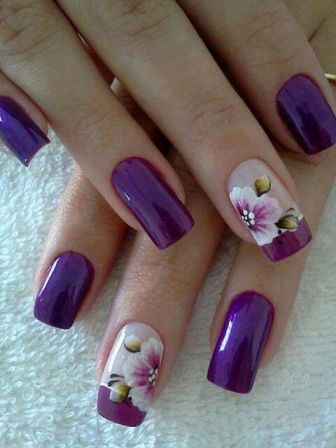 Purple Free Hand Floral Nails