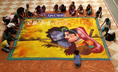 Radha Krishna Rangoli for Festival Holi