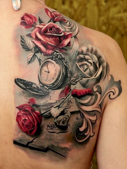 Clock and Rose Tattoo