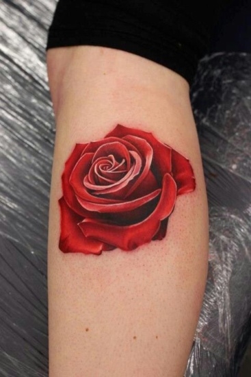 Red Rose With Leaves Tattoo On Right Thigh