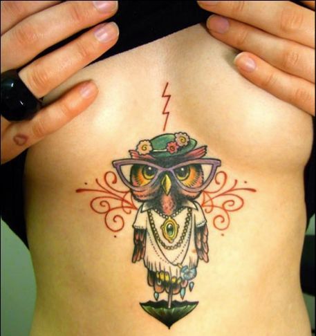 Nerdy Owl Tattoo Under Breasts