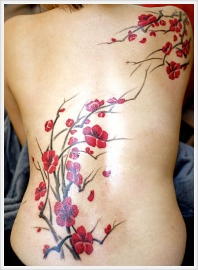 Colorful Buddhist Cherry Blossoms Tattoo On Back