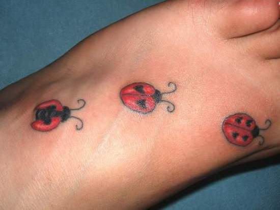 Three Ladybug Tattoo Design On Foot