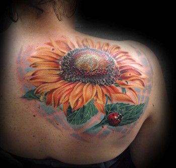 3D Sunflower With Ladybug Tattoo Design