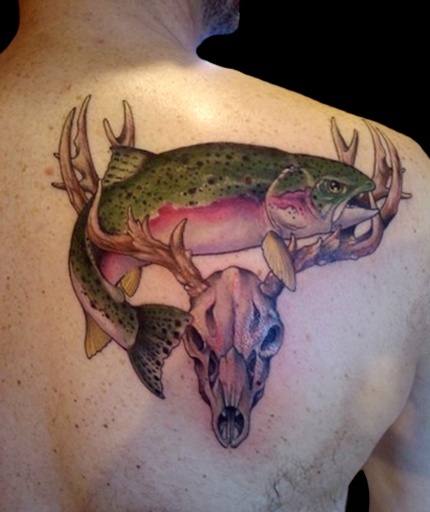 Fish And Skull Deer Tattoo Design