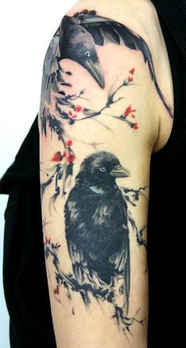 Superb Crow And Raven Tattoo Design