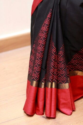 Red And Black Cotton Kanchi Saree