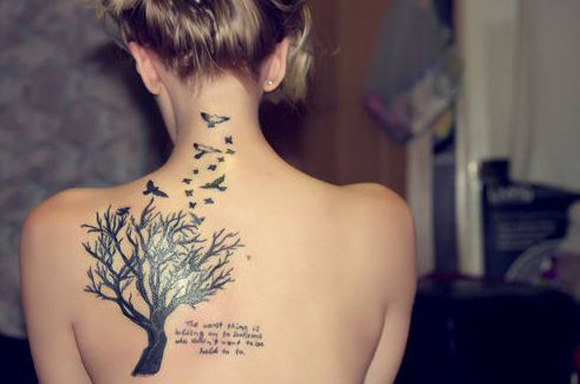  Tree Tattoo Design With Quote And Bird