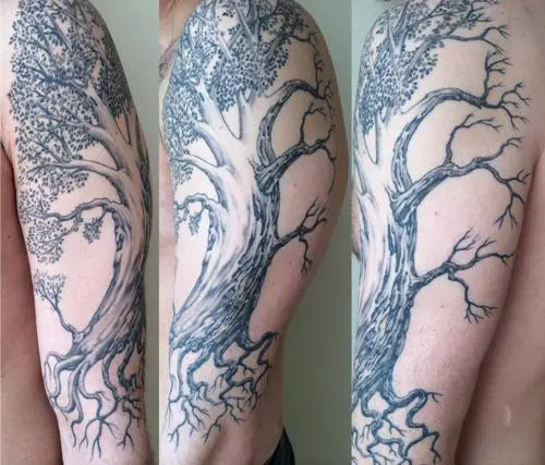 Pine tree tattoo on the right side ribcage