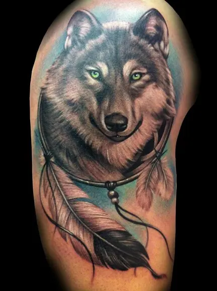 Wolf and Dreamcatcher Tattoo tattoosbyshaunipswichqld wolftattoo  dreamcatchertattoo realisticw  Wolf dreamcatcher tattoo Wolf tattoos  for women Wolf tattoos