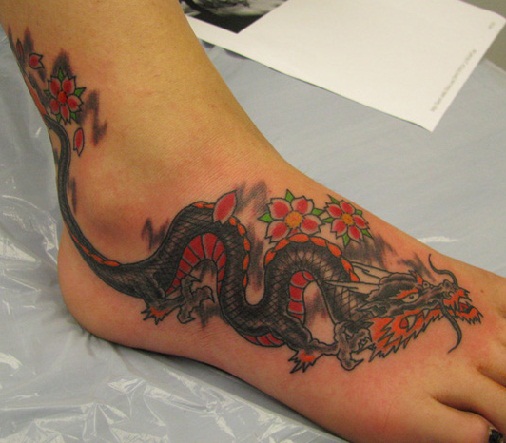 Fiery Dragon Tattoo Style On Foot