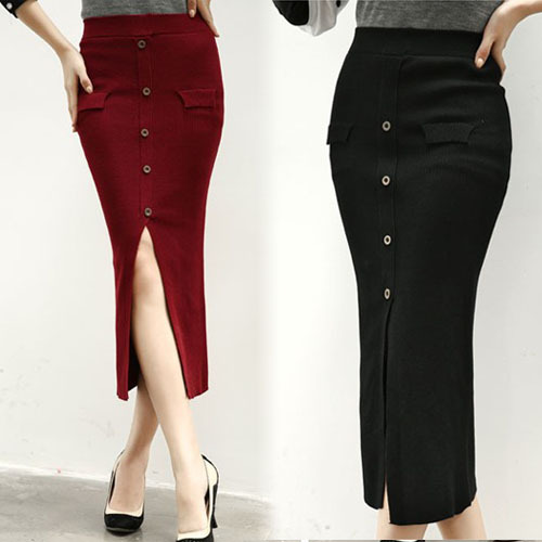 Red and Black Elastic Pencil Long Skirt