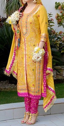 Yellow with Pink Mehndi Dress for Bride