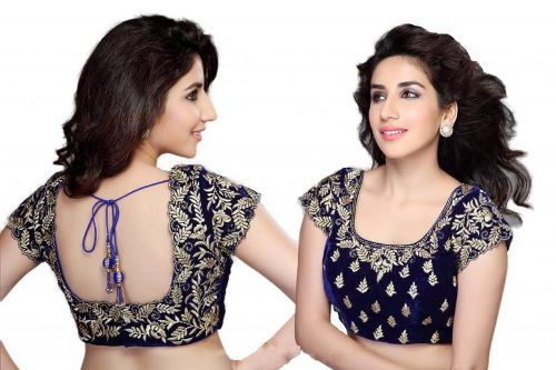 Wedding Blouse Embroidery Designs-Velvet Embroidery Blouse in Blue 14