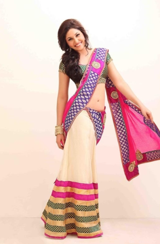 Off-White And Pink Half And Half Designer Saree