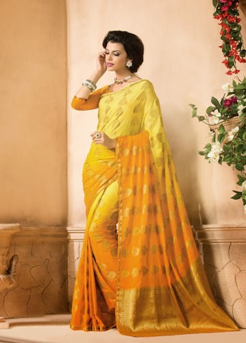 Yellow And Golden Crepe Silk Printed Saree With Lace Works