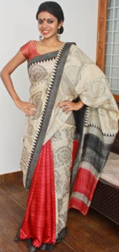 Kosa Sarees-Red And Off-White Kosa Silk Saree With Warli Prints 8