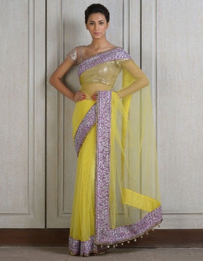 Latest Sheer And Opaque Yellow Designer Latest Saree