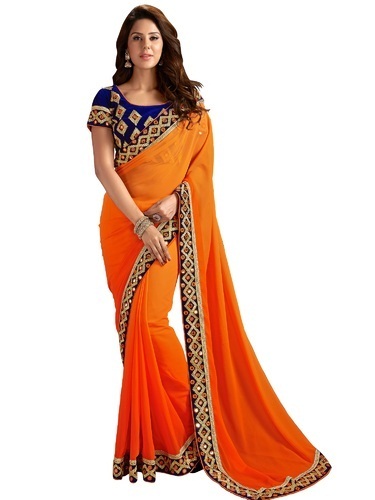 Orange Colored Designer Latest Saree With Embroidery Works