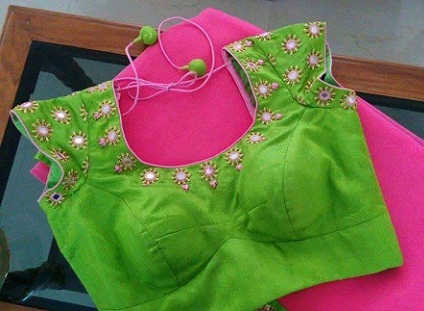 Parrot Green Blouse with Mirror Work