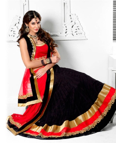 Black And Red Lehenga Saree With Golden Borders