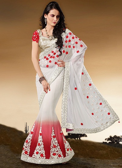 White Faux Georgette Lehenga With Red Designs