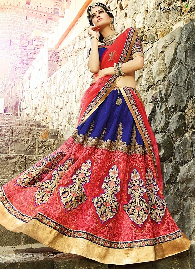 Red And Blue Patch Work Bridal Lehenga Saree