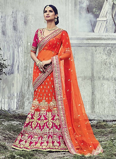 Orange Art Silk Embroidery Wedding Lehenga Saree