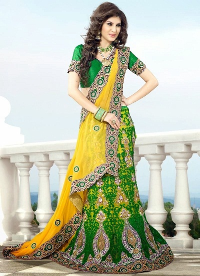 Buy Designer Brown Sequins Banarasi Silk Half Lehenga Saree-demhanvico.com.vn