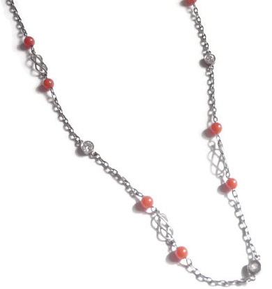 Platinum Chain Necklace With Coral and Stones