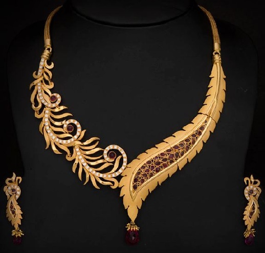 Latest Designer Ruby Leaf Necklace Set in Gold