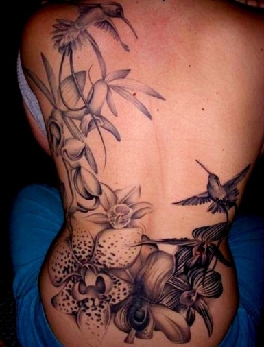 Flower And Hummingbird Orchid Tattoo Design